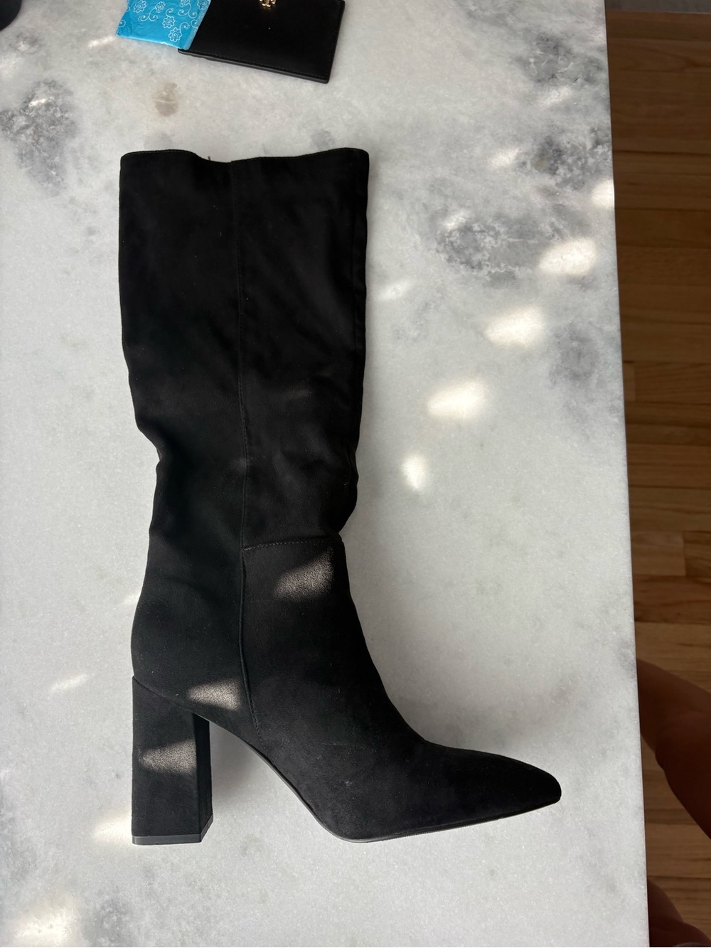 Women's Black Suede Knee-High Block Heel Boots